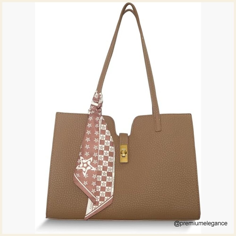 Large Capacity Leather Tote Bag with Silk Scarf, Interior Compartments